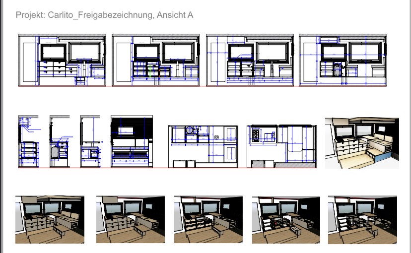 Technical approval drawing of the expedition box with floor plans, elevations and 3D detail views