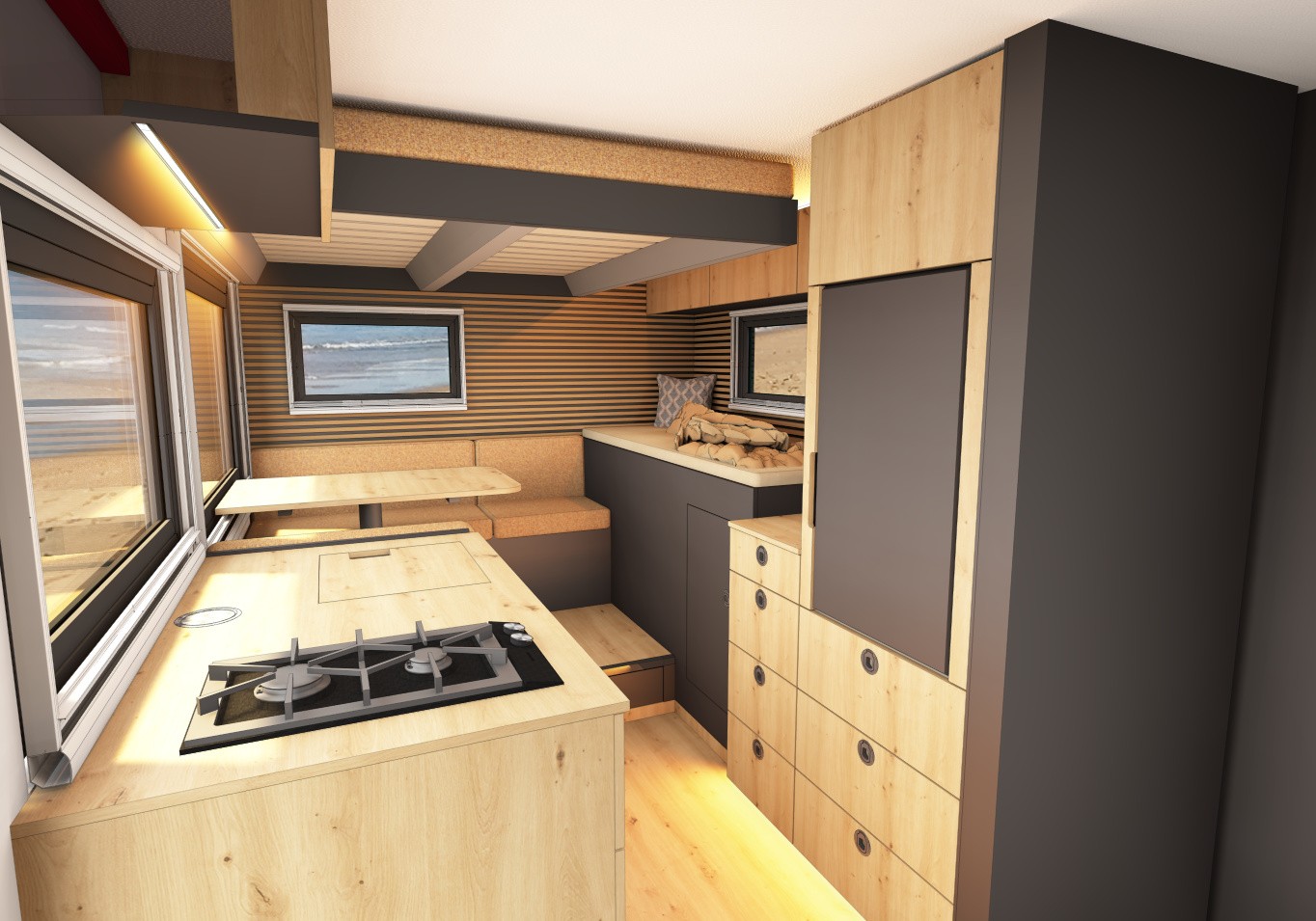 3D planning visualization of the kitchen unit and seating area