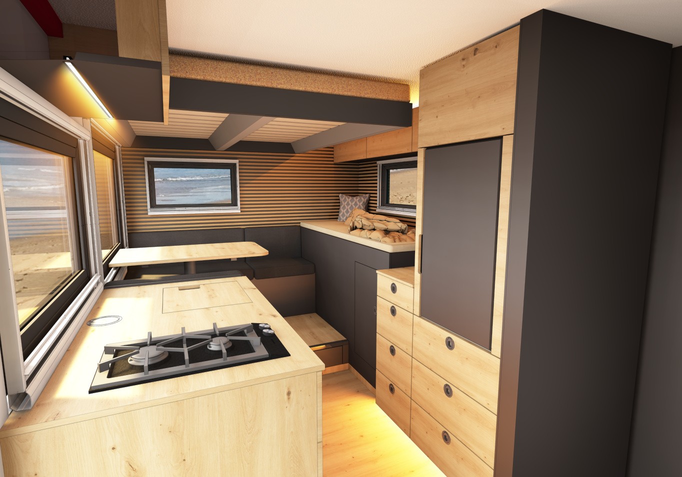 3D planning visualization of the kitchen unit and seating area, second view