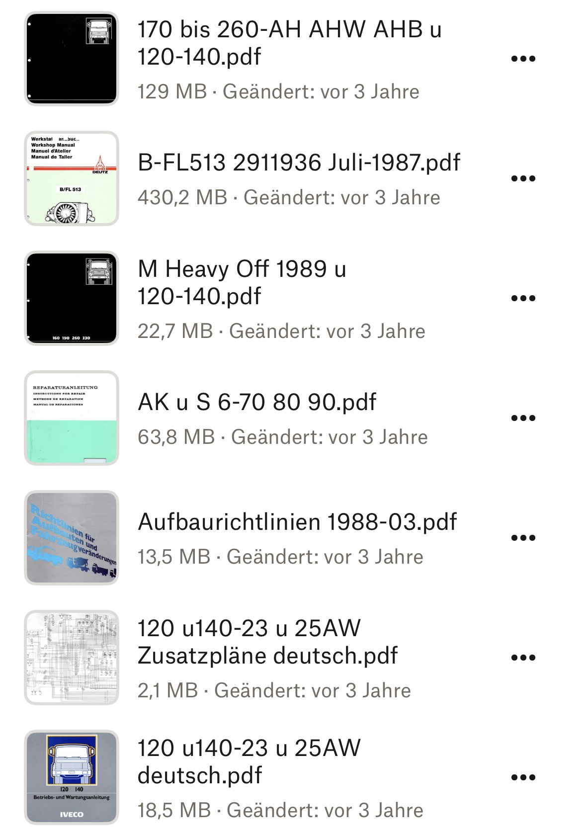 Übersicht der mitgelieferten Werkstatthandbücher und technischen Dokumentation für den Iveco Magirus 120-23